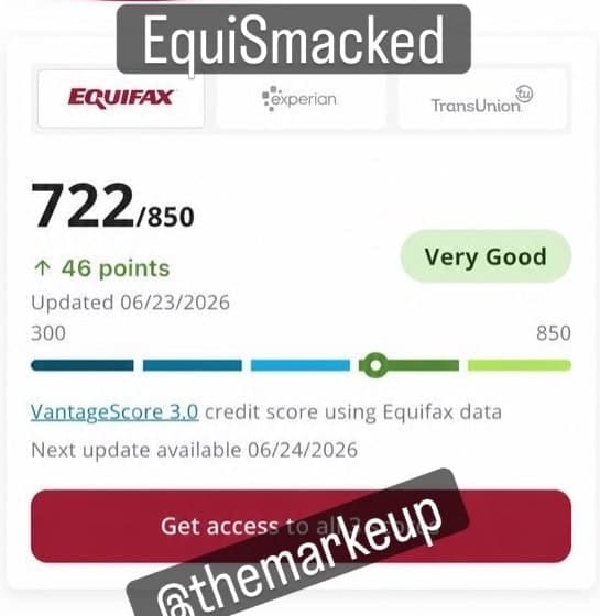 Equifax score of 722, up 46 points, rated Very Good