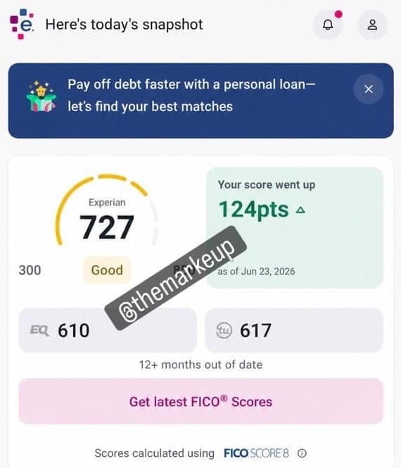 Experian mobile app showing 727, up 124 points