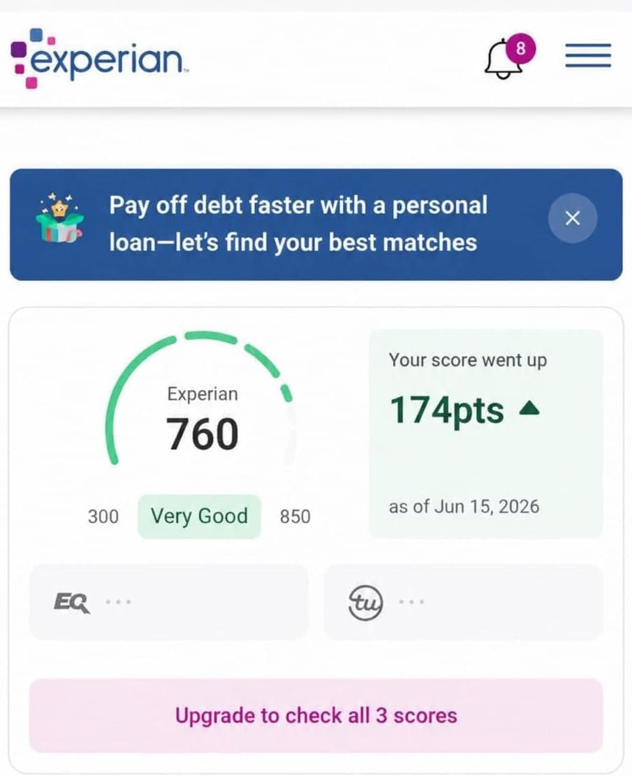 Experian dashboard showing a score of 760, up 174 points