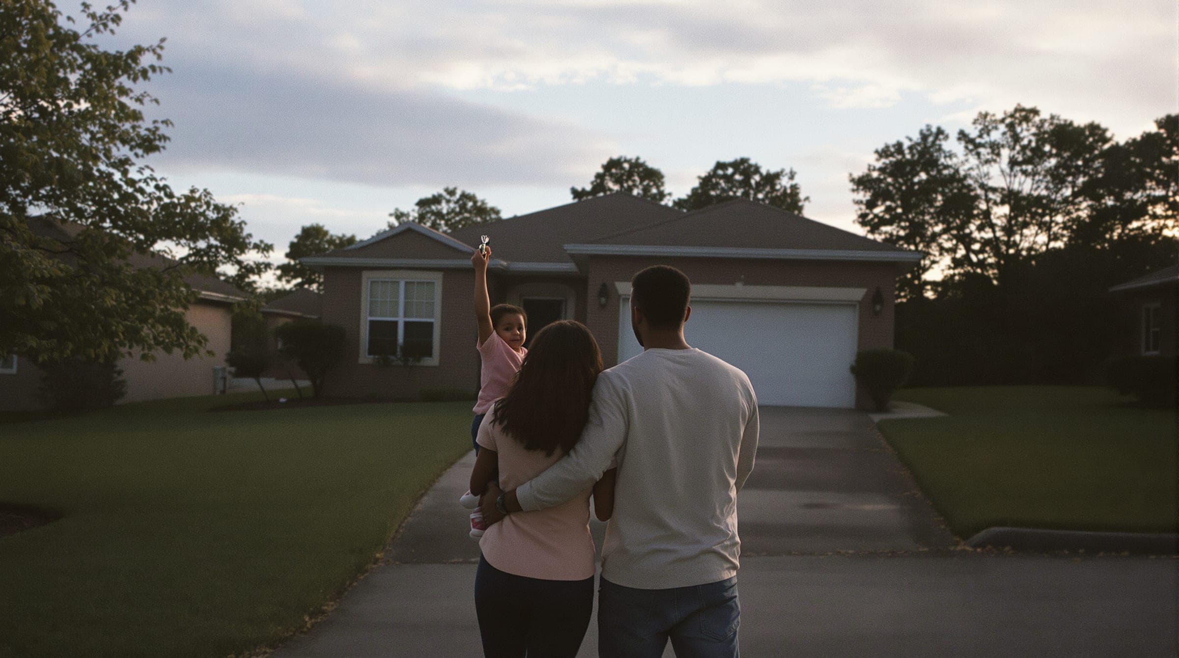 A family standing in the driveway of their new home, child holding the keys up